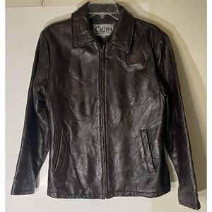 Cellini Women's Brown Leather Jacket XL‎ - Stitch Mosaic Patchwork Design